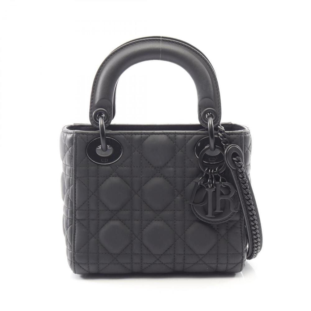 Christian Dior Lady Cannage Handbag Leather Black